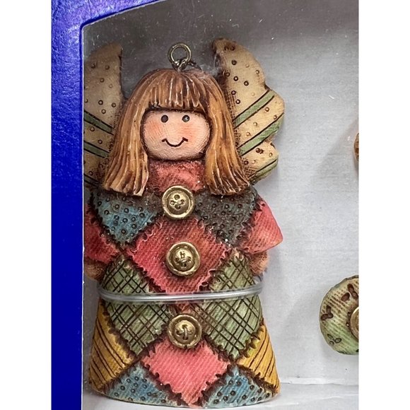 3 Pc. Sierra Gift Company Ceramic Patchwork Ornaments - Angel/Rocking Horse/Bell - Picture 2 of 9